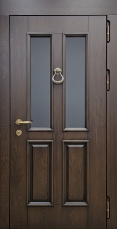 Входная уличная термодверь с остеклением, кнокером и панелями МДФ с багетом и шпоновым покрытием