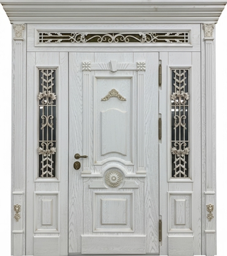 Парадная входная группа с терморазрывом, капителями, ковкой, стеклами и МДФ белого цвета со шпоном